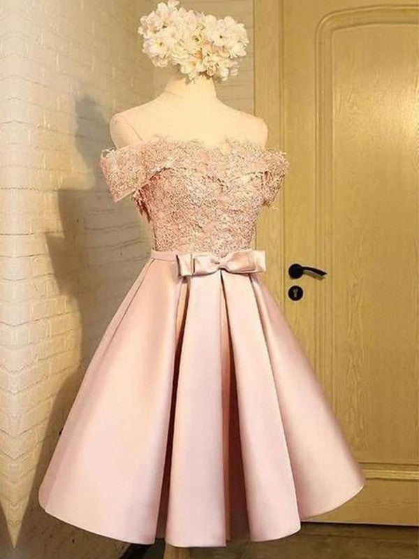 Wholesale A-Line/Princess Satin Applique Off-the-Shoulder Sleeveless Short/Mini Homecoming Dresses
