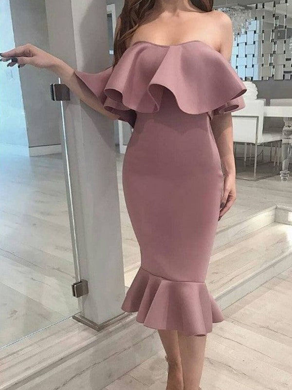 Wholesale Trumpet/Mermaid Elastic Woven Satin Ruffles Strapless Sleeveless Tea-Length Homecoming Dresses