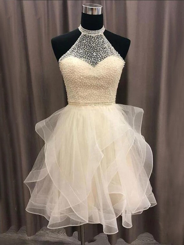 Wholesale A-Line/Princess Organza Beading Halter Sleeveless Short/Mini Homecoming Dresses