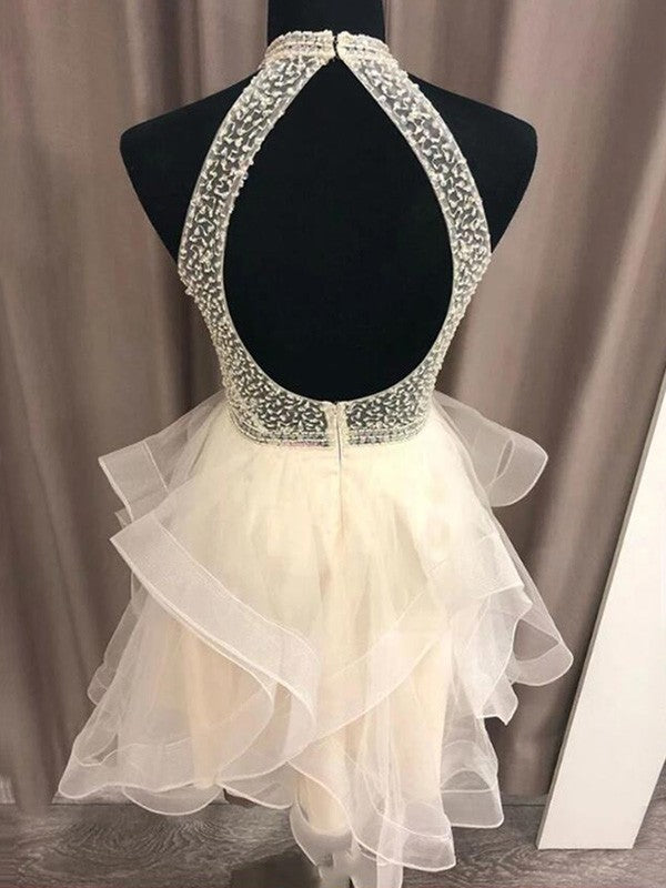 Wholesale A-Line/Princess Organza Beading Halter Sleeveless Short/Mini Homecoming Dresses