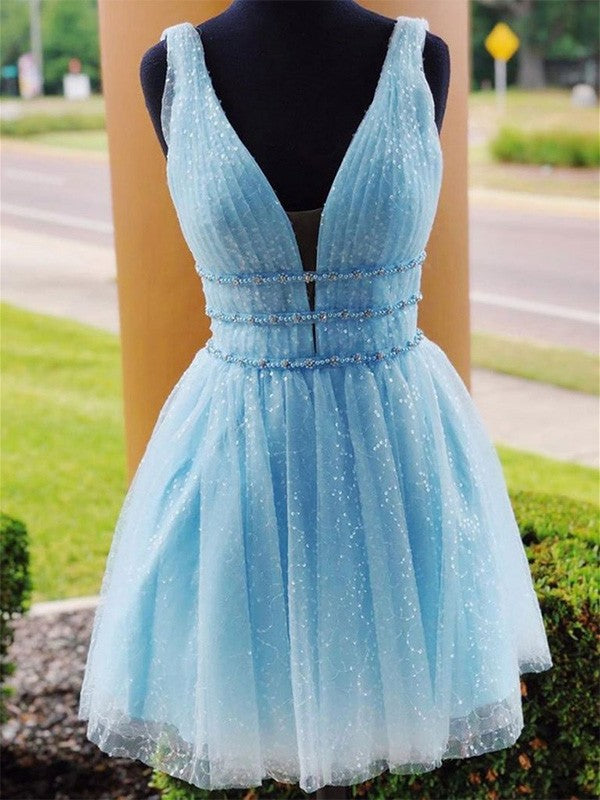 Wholesale A-Line/Princess Tulle Beading V-neck Sleeveless Short/Mini Homecoming Dresses