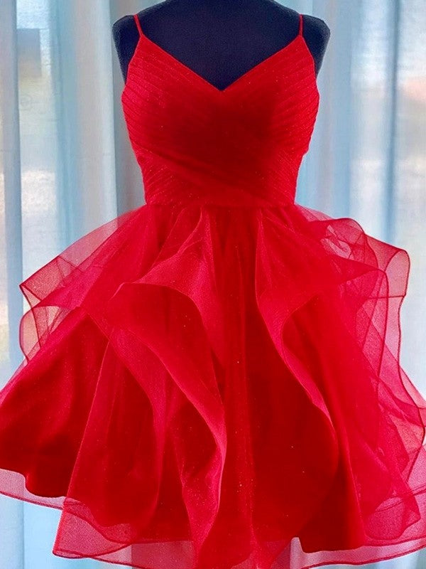 Wholesale A-Line/Princess Tulle Spaghetti Straps Sleeveless Ruffles Short/Mini Homecoming Dresses