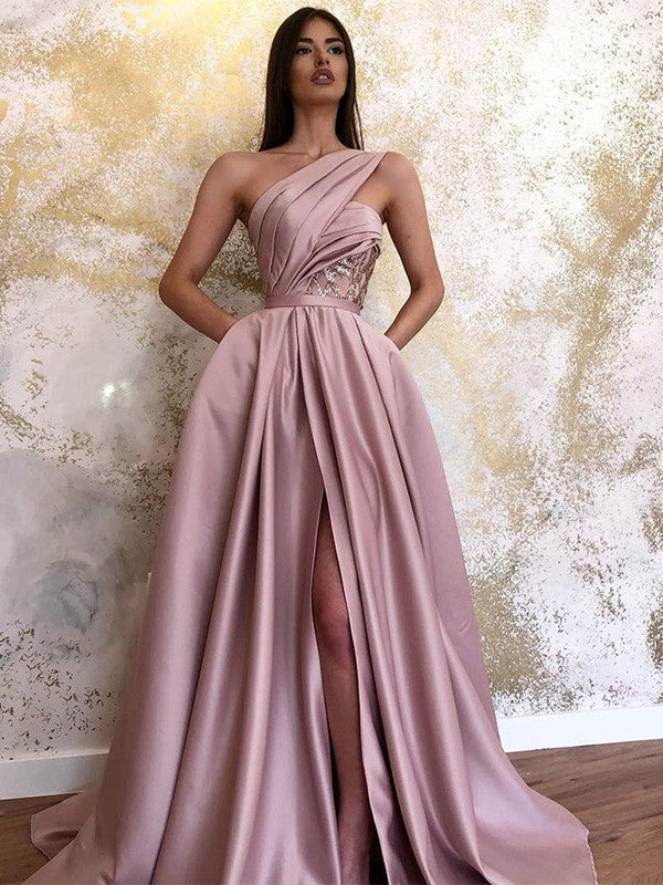Wholesale A-Line/Princess Satin Sleeveless Ruched One-Shoulder Sweep/Brush Train Dresses