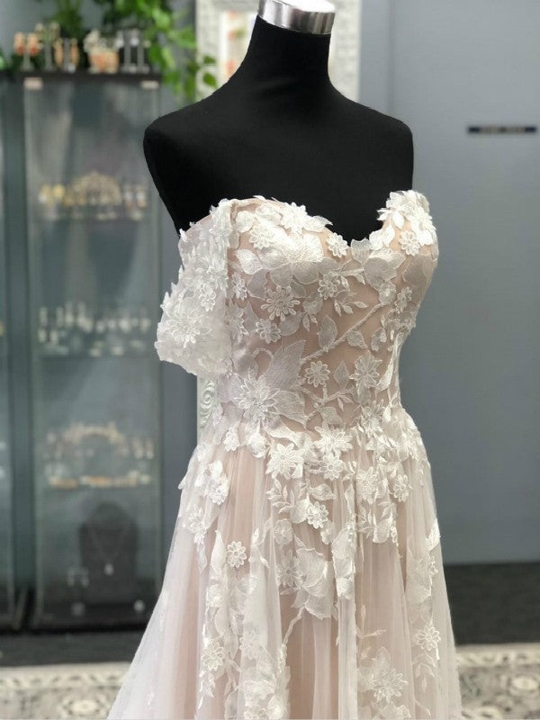 Wholesale A-Line/Princess Off-the-Shoulder Tulle Applique Sleeveless Court Train Wedding Dresses