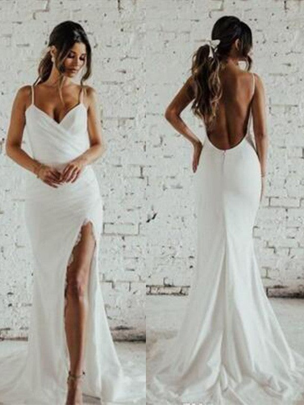 Wholesale Sheath/Column Spaghetti Straps Ruched Sleeveless Sweep/Brush Train Wedding Dresses