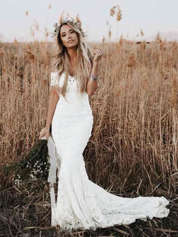 Wholesale Trumpet/Mermaid Lace Applique Off-the-Shoulder Short Sleeves Court Train Wedding Dresses