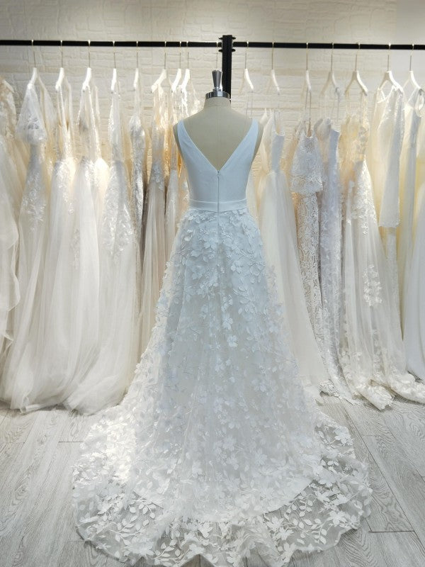 Wholesale A-Line/Princess V-neck Stretch Crepe Applique Sweep/Brush Train Sleeveless Wedding Dresses