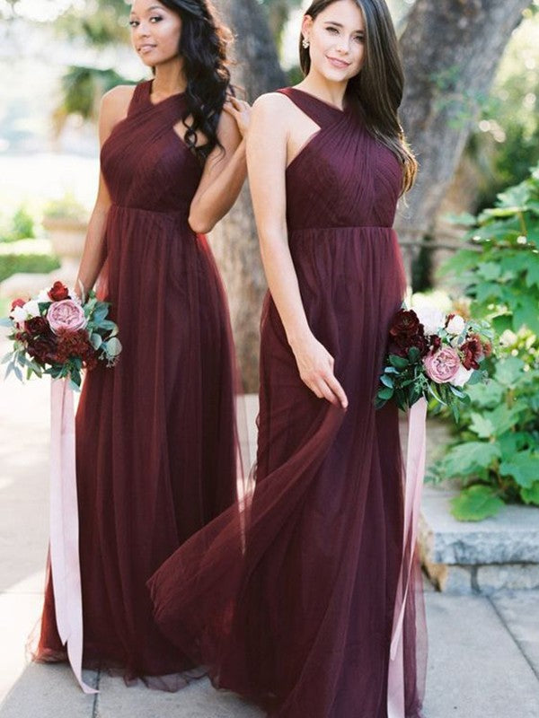Wholesale A-Line/Princess Floor-Length Halter Tulle Sleeveless Ruffles Bridesmaid Dresses