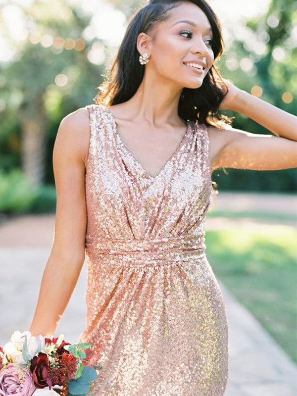 Wholesale A-Line/Princess Sequins V-neck Floor-Length Ruffles Sleeveless Bridesmaid Dresses