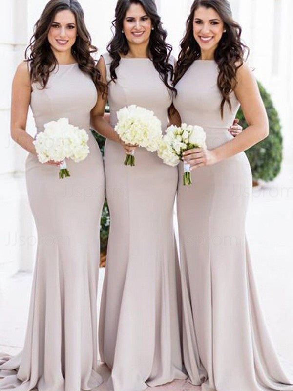 Wholesale Trumpet/Mermaid Stretch Crepe Ruffles Scoop Sweep/Brush Train Sleeveless Bridesmaid Dresses