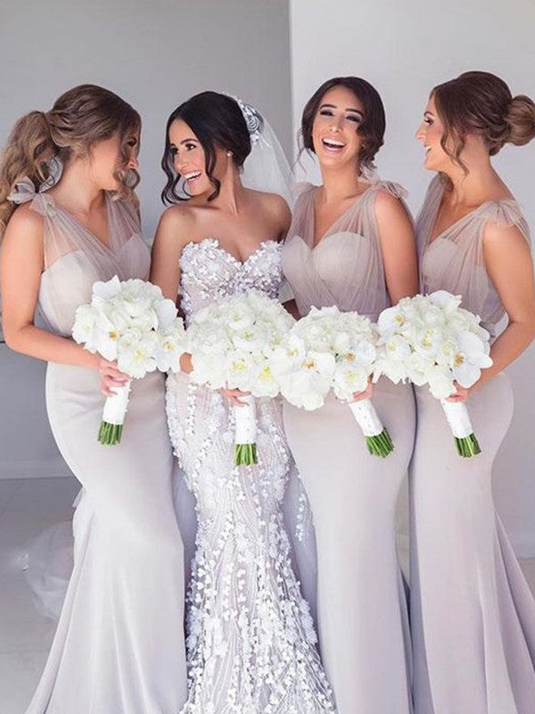 Wholesale Trumpet/Mermaid Straps Sleeveless Ruffles Sweep/Brush Train Stretch Crepe Bridesmaid Dresses