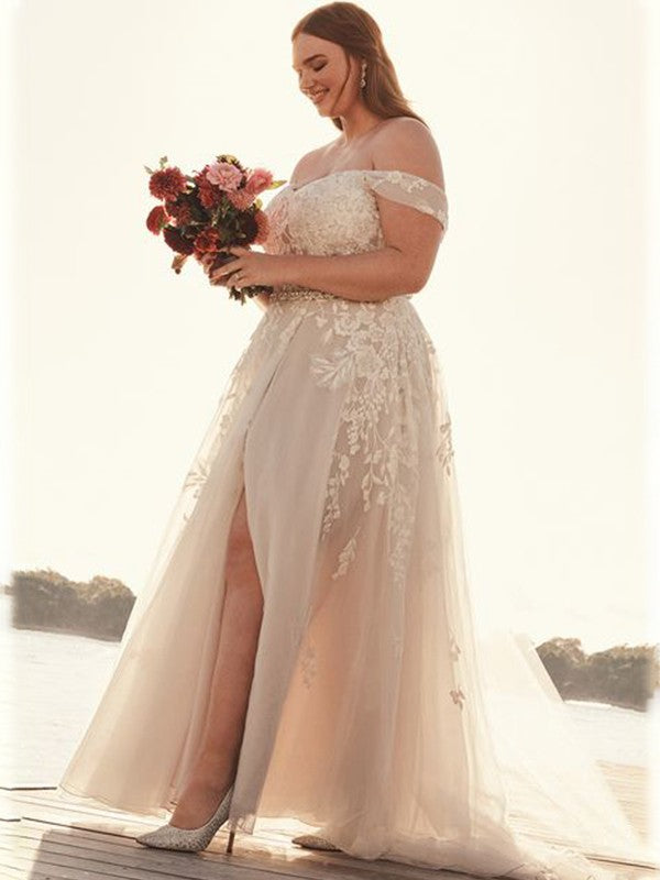 Wholesale A-Line/Princess Tulle Off-the-Shoulder Applique Sleeveless Sweep/Brush Train Wedding Dresses