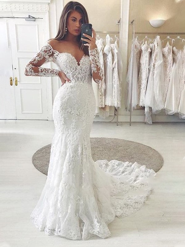 Wholesale Trumpet/Mermaid Tulle Applique Off-the-Shoulder Long Sleeves Chapel Train Wedding Dresses