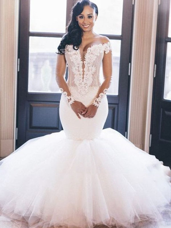 Wholesale Trumpet/Mermaid Off-the-Shoulder Long Sleeves Applique Tulle Floor-Length Wedding Dresses