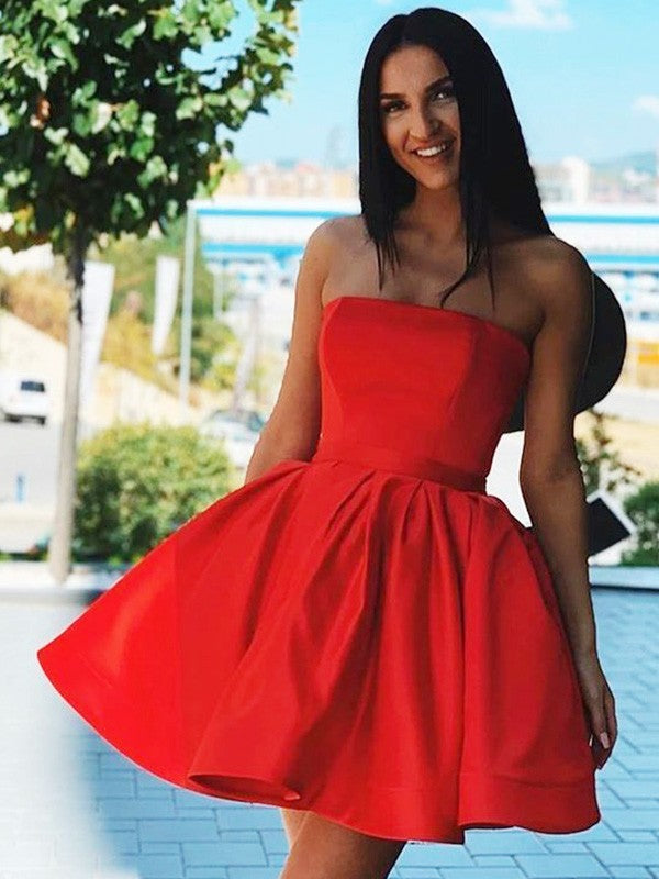 Wholesale A-Line/Princess Satin Strapless Sleeveless Ruffles Short/Mini Homecoming Dresses