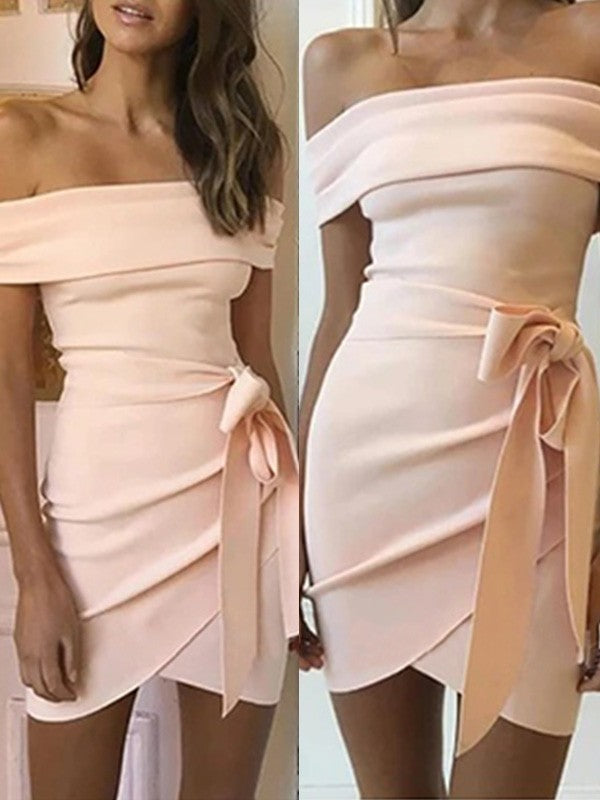 Wholesale Sheath/Column Off-the-Shoulder Stretch Crepe Sash/Ribbon/Belt Sleeveless Short/Mini Homecoming Dresses
