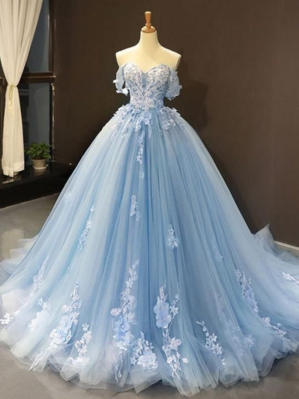 Wholesale Ball Gown Tulle Off-the-Shoulder Sleeveless Applique Sweep/Brush Train Dresses