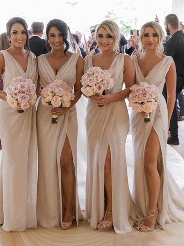 Wholesale Sheath/Column Ruched Chiffon Sleeveless V-neck Sweep/Brush Train Bridesmaid Dresses