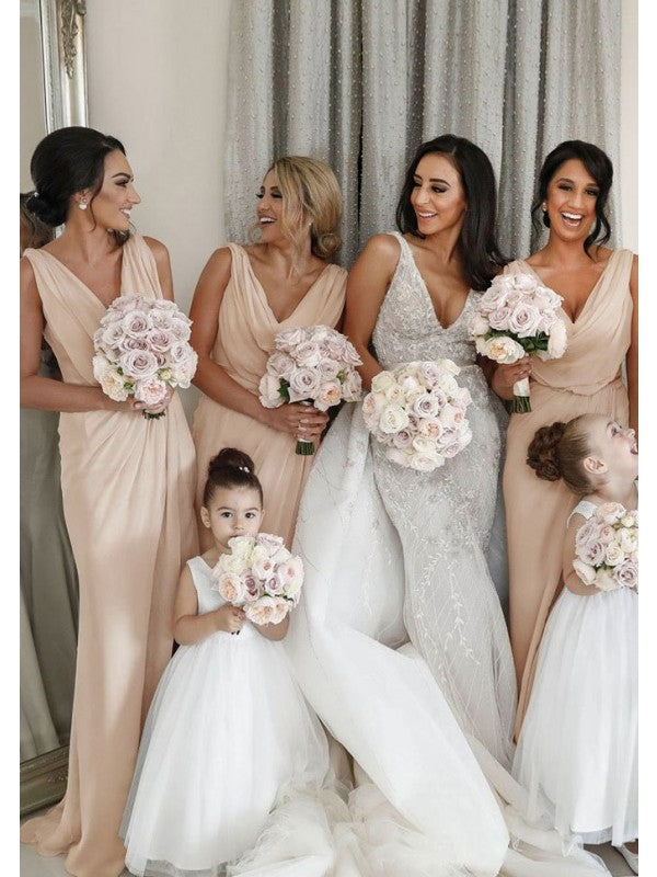 Wholesale Sheath/Column Ruched Chiffon Sleeveless V-neck Sweep/Brush Train Bridesmaid Dresses