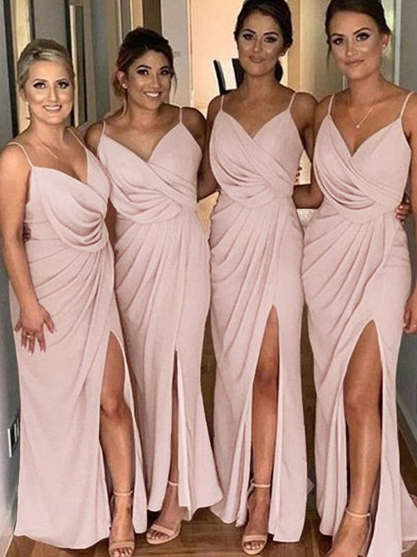 Wholesale Sheath/Column Silk like Satin Ruched Spaghetti Straps Sleeveless Sweep/Brush Train Bridesmaid Dresses