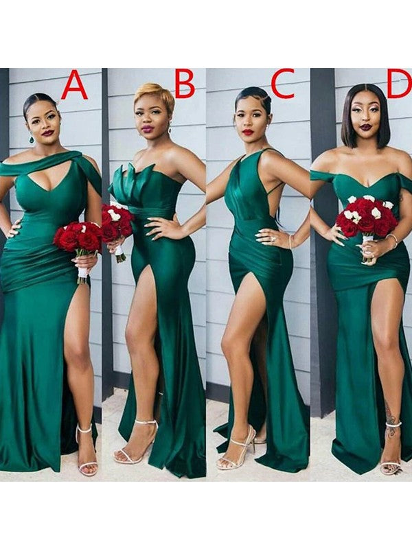 Wholesale Sheath/Column Off-the-Shoulder Ruched Sleeveless Sweep/Brush Train Bridesmaid Dresses