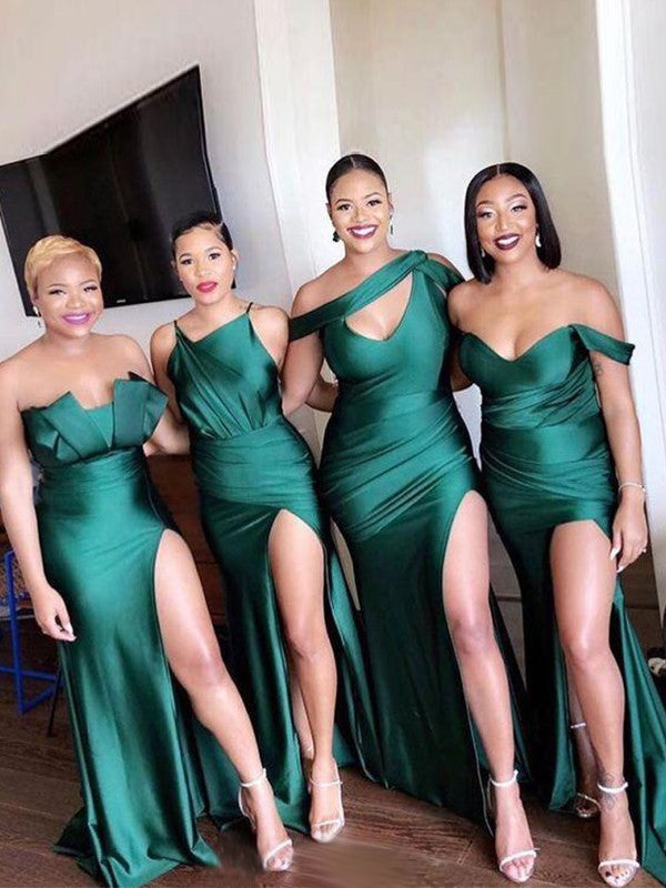 Wholesale Sheath/Column Off-the-Shoulder Ruched Sleeveless Sweep/Brush Train Bridesmaid Dresses