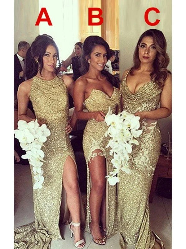 Wholesale Sheath/Column Sequins Ruched Sweetheart Sleeveless Sweep/Brush Train Bridesmaid Dresses