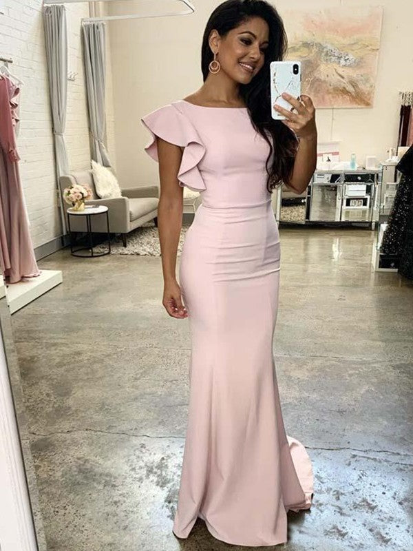 Wholesale Sheath/Column Ruched Sleeveless Scoop Stretch Crepe Sweep/Brush Train Bridesmaid Dresses