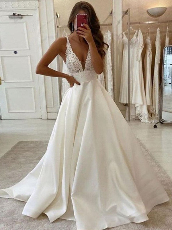 Wholesale A-Line/Princess Satin Lace V-neck Sleeveless Sweep/Brush Train Wedding Dresses