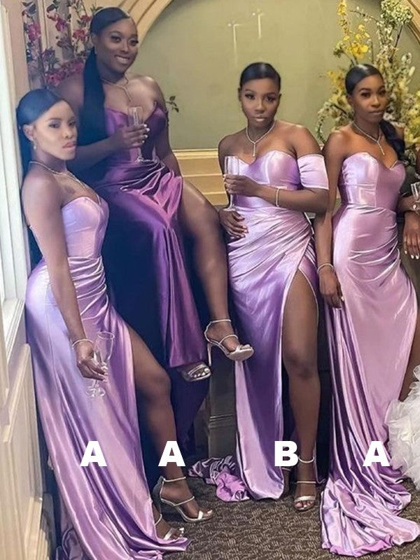 Wholesale Sheath/Column Silk like Satin Ruched Sweetheart Sleeveless Sweep/Brush Train Bridesmaid Dresses