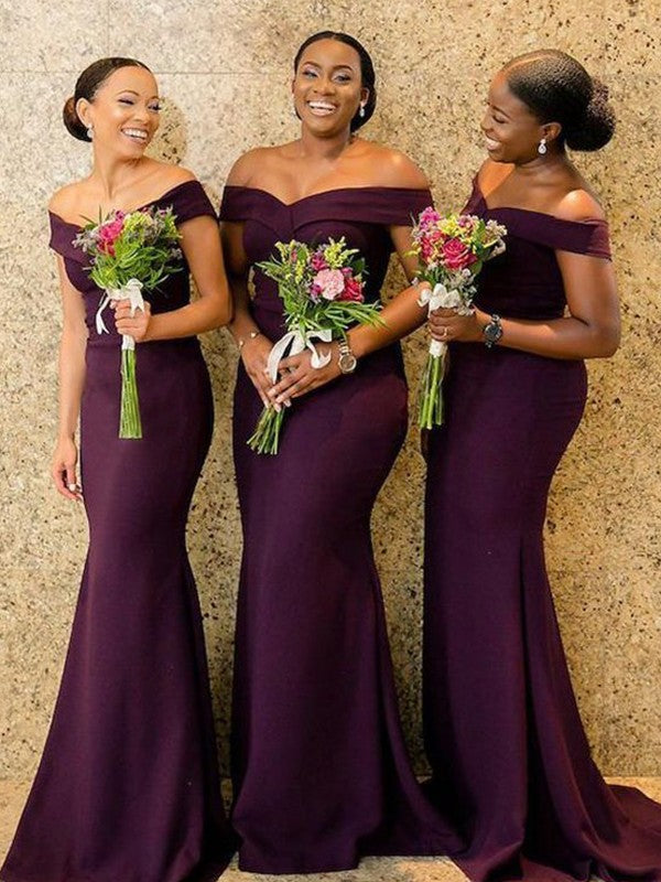Wholesale Sheath/Column Stretch Crepe Ruched Off-the-Shoulder Sleeveless Sweep/Brush Train Bridesmaid Dresses