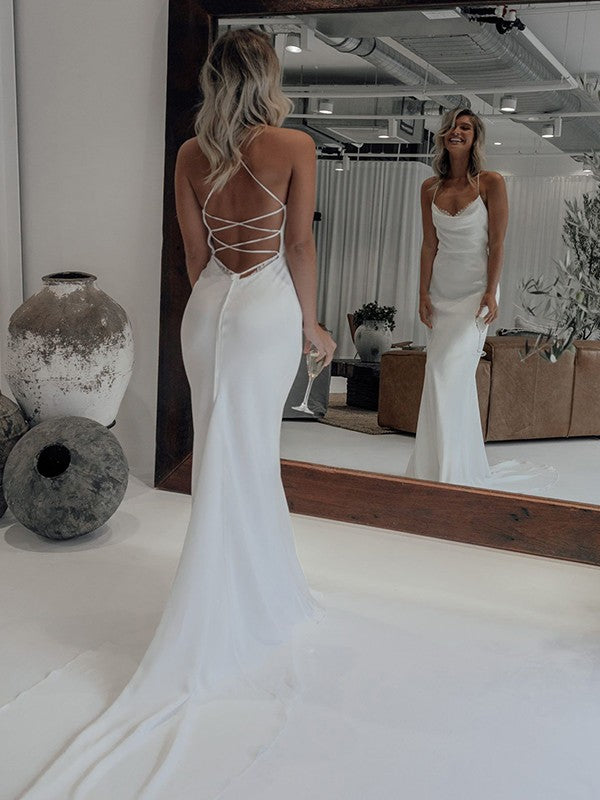 Wholesale Sheath/Column Chiffon Ruched Halter Sleeveless Court Train Wedding Dresses