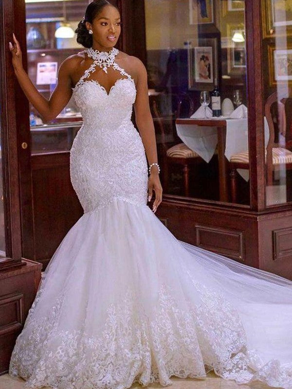 Wholesale Trumpet/Mermaid Tulle Lace Halter Sleeveless Sweep/Brush Train Wedding Dresses