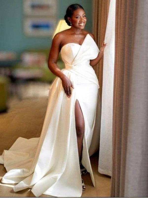 Wholesale Sheath/Column Satin Ruched Sweetheart Sleeveless Sweep/Brush Train Wedding Dresses