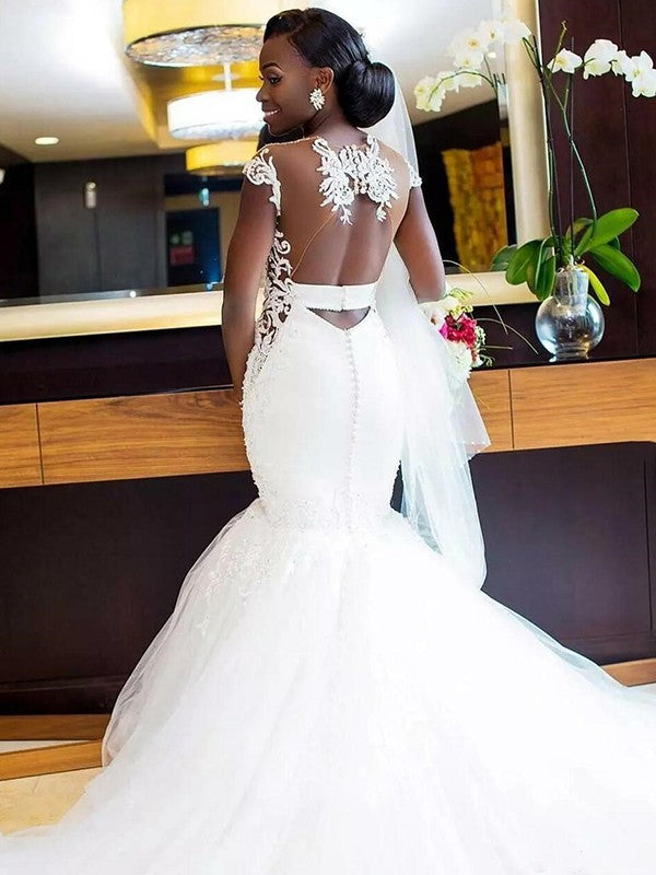 Wholesale Trumpet/Mermaid Tulle Applique V-neck Sleeveless Sweep/Brush Train Wedding Dresses