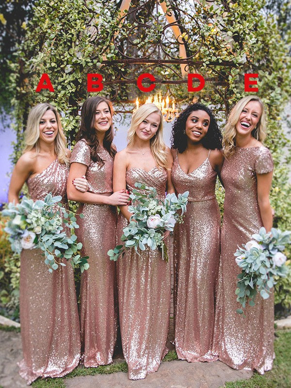 Wholesale Sheath/Column Sequins Ruched V-neck Sleeveless Sweep/Brush Train Bridesmaid Dresses