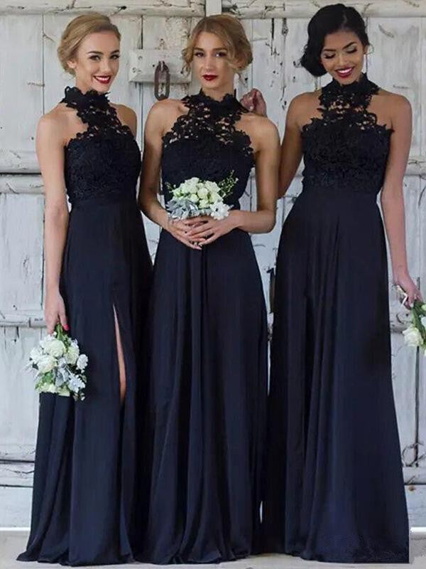Wholesale A-Line/Princess Chiffon Lace Halter Sleeveless Floor-Length Bridesmaid Dresses