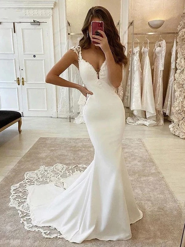 Wholesale Sheath/Column Stretch Crepe Lace V-neck Sleeveless Sweep/Brush Train Wedding Dresses