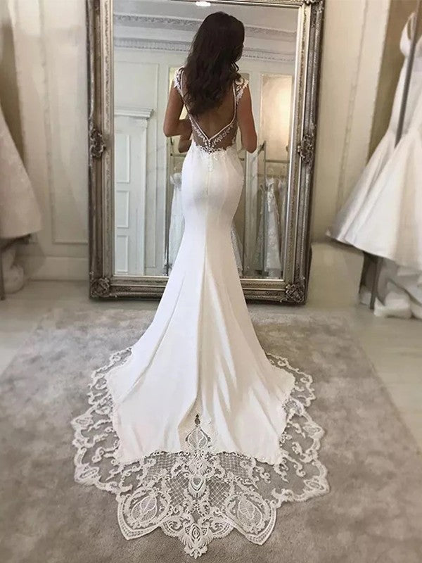 Wholesale Sheath/Column Stretch Crepe Lace V-neck Sleeveless Sweep/Brush Train Wedding Dresses