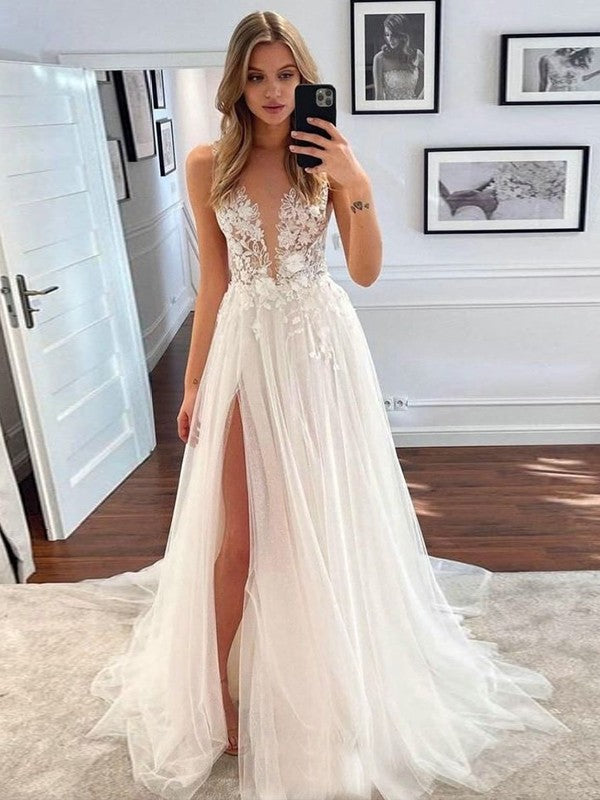 Wholesale A-Line/Princess Tulle Lace V-neck Sleeveless Sweep/Brush Train Wedding Dresses