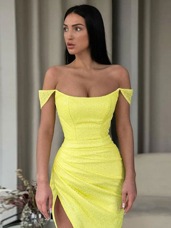 Wholesale Sheath/Column Sequins Ruched Off-the-Shoulder Sleeveless Sweep/Brush Train Dresses