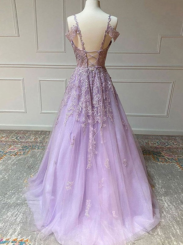 Wholesale A-Line/Princess Tulle Applique V-neck Sleeveless Sweep/Brush Train Dresses