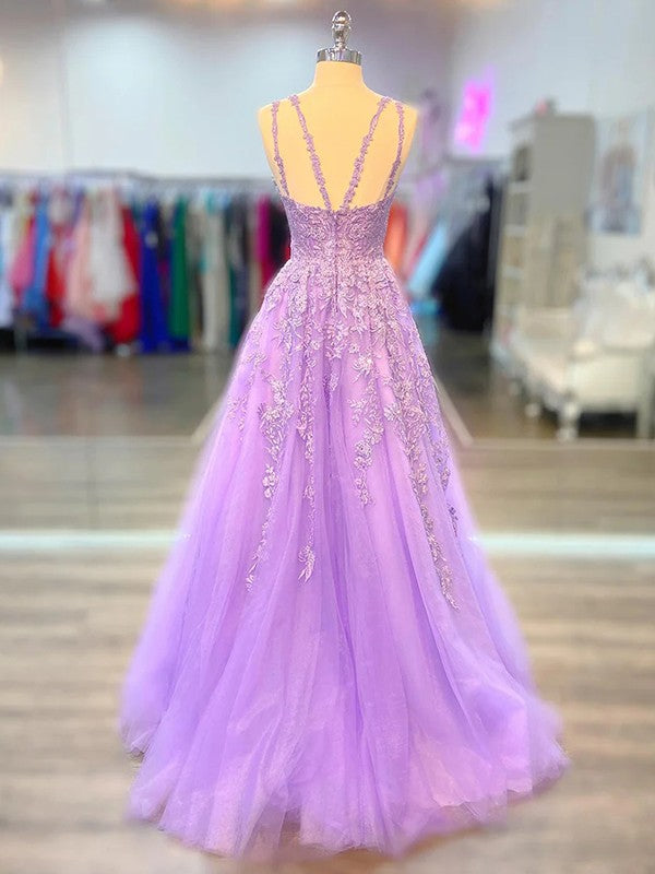 Wholesale A-Line/Princess Tulle Applique V-neck Sleeveless Sweep/Brush Train Dresses