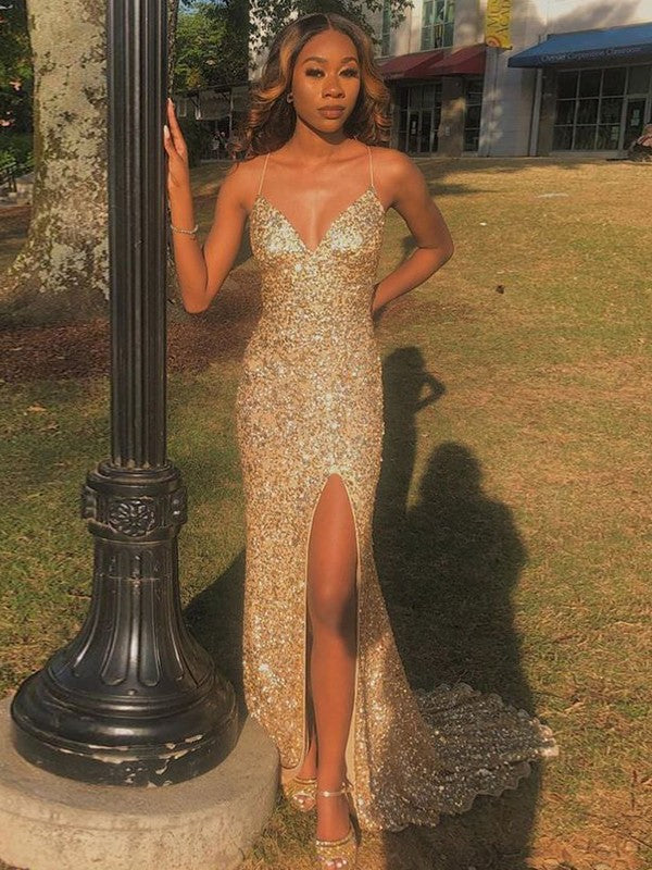 Wholesale Sheath/Column Sequins V-neck Sleeveless Sweep/Brush Train Dresses