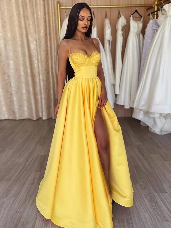 Wholesale A-Line/Princess Satin Ruffles Spaghetti Straps Sleeveless Floor-Length Dresses