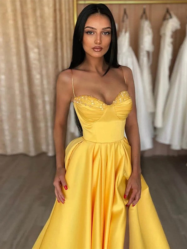 Wholesale A-Line/Princess Satin Ruffles Spaghetti Straps Sleeveless Floor-Length Dresses