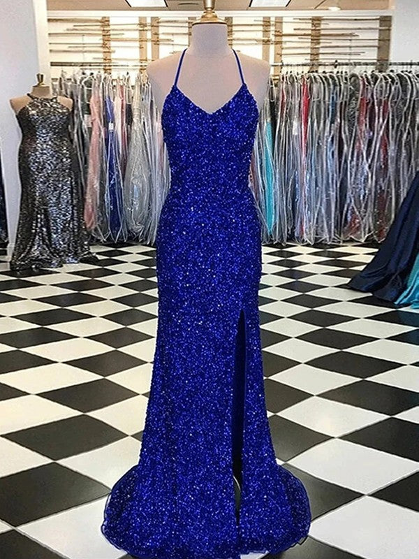 Wholesale Sheath/Column Velvet Sequins V-neck Sleeveless Sweep/Brush Train Dresses