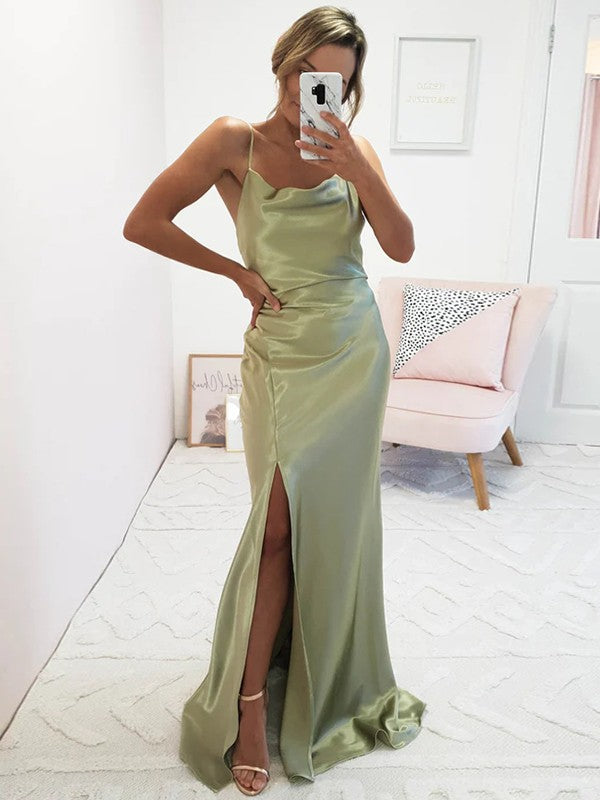 Wholesale Sheath/Column Silk like Satin Ruched Spaghetti Straps Sleeveless Sweep/Brush Train Dresses