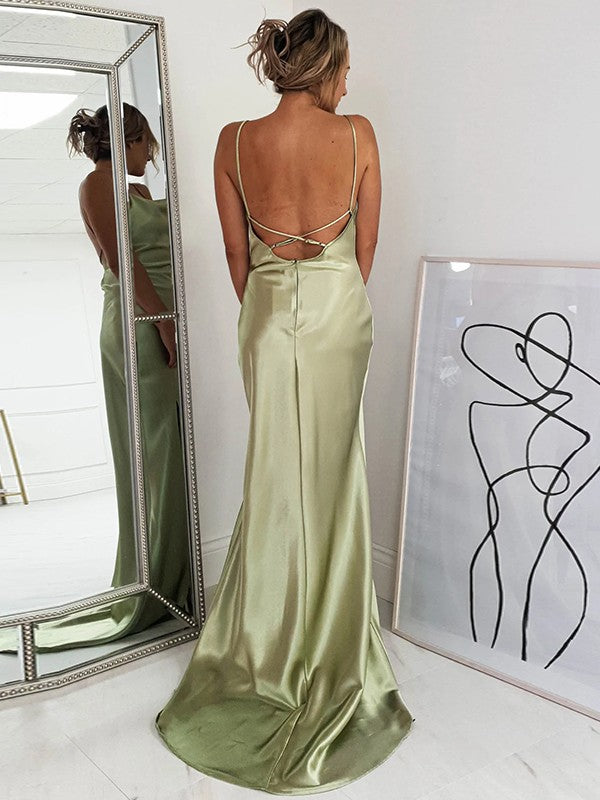 Wholesale Sheath/Column Silk like Satin Ruched Spaghetti Straps Sleeveless Sweep/Brush Train Dresses