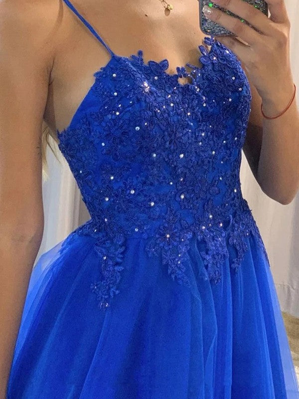 Wholesale A-Line/Princess Tulle Applique Spaghetti Straps Sleeveless Sweep/Brush Train Dresses